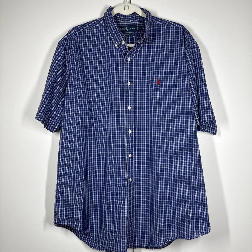 Polo Ralph Lauren Shirt Mens XL Blue Plaid Classic Fit Short Sleeve Red Pony